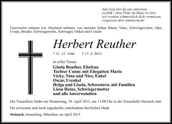 Traueranzeige von Herbert Reuther von Südthüringer Presse