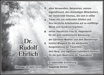 Traueranzeige von Rufolf Ehrlich von Südthüringer Presse