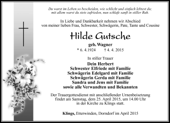 Traueranzeige von Hilde Gutsche von Südthüringer Presse