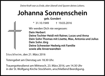 Traueranzeige von Sonnenschein Johanna von Neue Presse Coburg