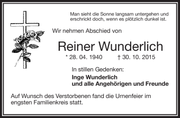 Traueranzeige von Reiner Wunderlich von Frankenpost