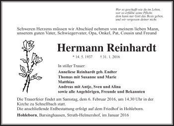 Traueranzeige von Hermann Reinhardt von Südthüringer Presse