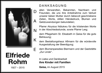 Traueranzeige von Elfriede Rohm von Südthüringer Presse