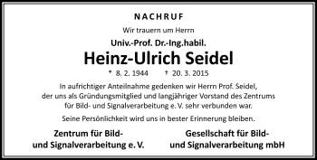 Traueranzeige von Heinz-Ulrich Seidel von Südthüringer Presse