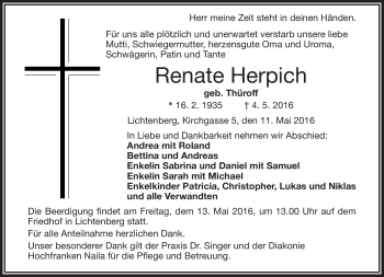 Traueranzeige von Renate Herpich von Frankenpost