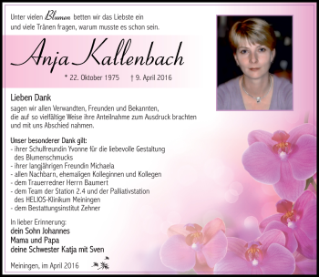 Traueranzeige von Anja Kallenbach von Südthüringer Presse