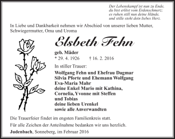 Traueranzeige von Elsbeth Fehn von Südthüringer Presse