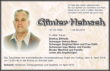 Traueranzeige von Günter Heinsch von Südthüringer Presse
