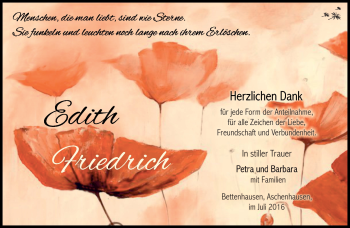 Traueranzeige von Edith Friedrich von Südthüringer Presse