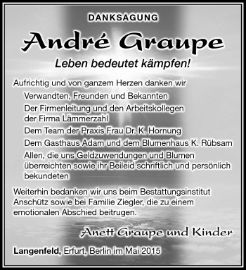 Traueranzeige von Andre Graupe von Südthüringer Presse
