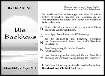 Traueranzeige von Ute Backhaus von Südthüringer Presse
