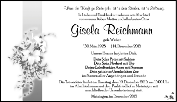 Traueranzeige von Gisela Reichmann von Südthüringer Presse