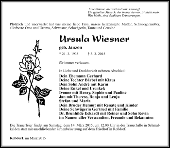 Traueranzeige von Ursula Wiesner von Südthüringer Presse