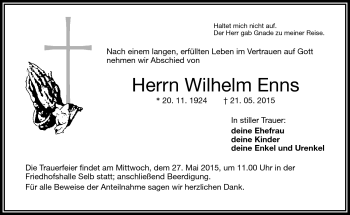 Traueranzeige von Wilhelm Enns von Frankenpost