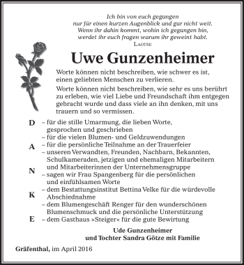 Traueranzeige von Uwe Gunzenheimer von Südthüringer Presse