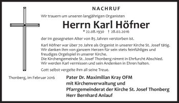 Traueranzeige von Karl Höfner von Neue Presse Coburg