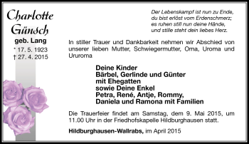 Traueranzeige von Charlotte Günsch von Südthüringer Presse