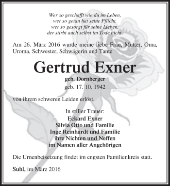 Traueranzeige von Gertrud Exner von Südthüringer Presse