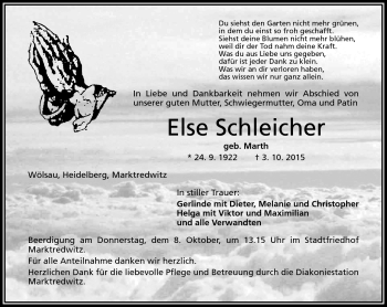 Traueranzeige von Else Schleicher von Frankenpost