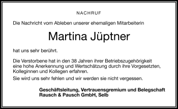 Traueranzeige von Martina Jüptner von Frankenpost