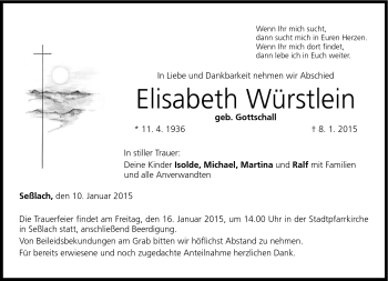 Traueranzeige von Elisabeth Würstlein von Neue Presse Coburg