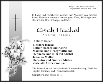 Traueranzeige von Erich Hackel von Südthüringer Presse