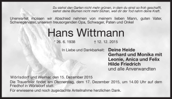 Traueranzeige von Hans Wittmann von Neue Presse Coburg