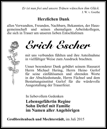Traueranzeige von Erich Escher von Südthüringer Presse