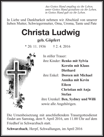 Traueranzeige von Christa Ludwig von Südthüringer Presse