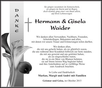 Traueranzeige von Hermann & Gisela Waider von Südthüringer Presse