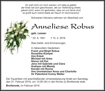 Traueranzeige von Anneliese Robus von Südthüringer Presse