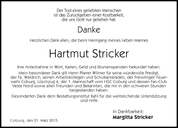 Traueranzeige von Hartmut Stricker von Neue Presse Coburg