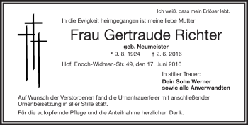 Traueranzeige von Gertraude Richter von Frankenpost
