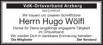 Traueranzeige von Hugo Wölfl von Frankenpost