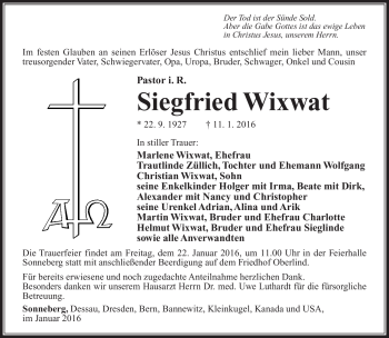 Traueranzeige von Siegfried Wixwat von Südthüringer Presse