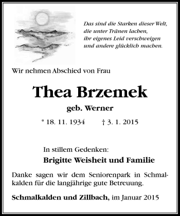 Traueranzeige von Thea Brzemek von Südthüringer Presse