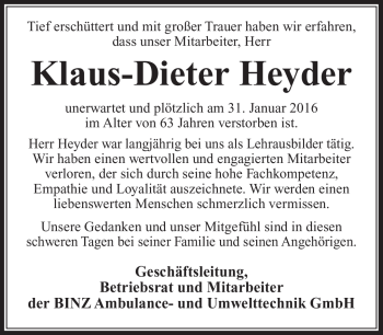 Traueranzeige von Klaus-Dieter Heyder von Südthüringer Presse