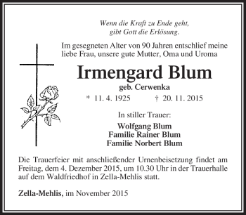 Traueranzeige von Irmengard Blum von Südthüringer Presse