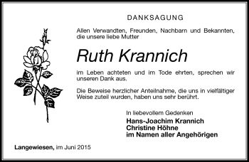 Traueranzeige von Ruth Krannich von Südthüringer Presse