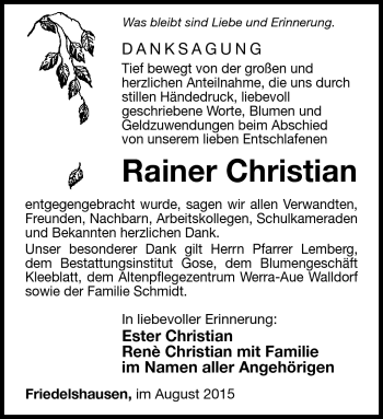 Traueranzeige von Rainer Christian von Südthüringer Presse