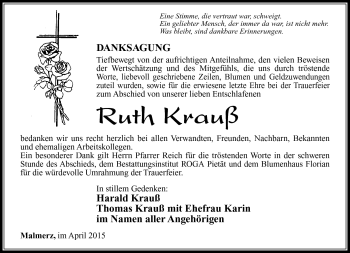 Traueranzeige von Ruth Krauß von Südthüringer Presse