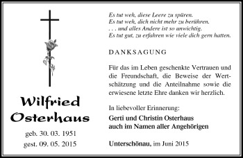 Traueranzeige von Wilfried Osterhaus von Südthüringer Presse