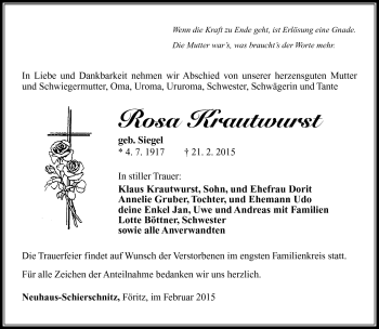 Traueranzeige von Rosa Krautwurst von Südthüringer Presse