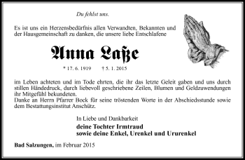 Traueranzeige von Anna Laße von Südthüringer Presse