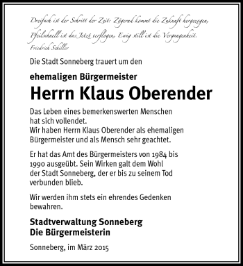 Traueranzeige von Klaus Oberender von Südthüringer Presse