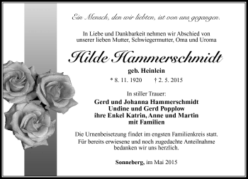 Traueranzeige von Hilde Hammerschmidt von Südthüringer Presse