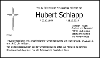 Traueranzeige von Hubert Schlapp von Neue Presse Coburg
