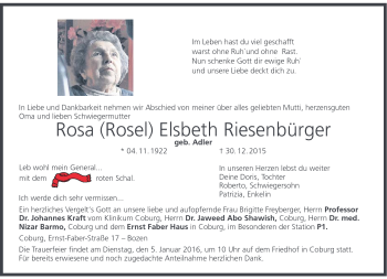 Traueranzeige von Rosa (Rosel) Elsbeth Riesenbürger von Neue Presse Coburg