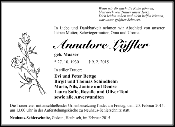 Traueranzeige von Annalore Löffler von Südthüringer Presse