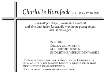 Traueranzeige von Charlotte Hornfeck von Frankenpost